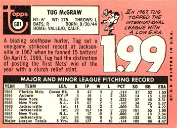 1969 Topps #601 Tug McGraw Back
