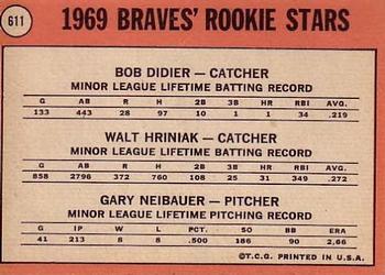 1969 Topps #611 Braves 1969 Rookie Stars (Bob Didier / Walt Hriniak / Gary Neibauer) Back