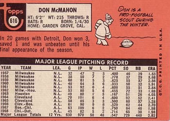 1969 Topps #616 Don McMahon Back