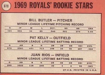 1969 Topps #619 Royals 1969 Rookie Stars (Bill Butler / Pat Kelly / Juan Rios) Back