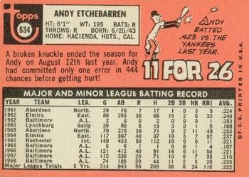 1969 Topps #634 Andy Etchebarren Back