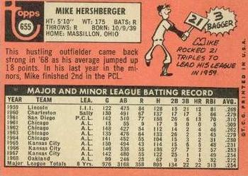 1969 Topps #655 Mike Hershberger Back