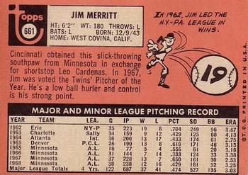 1969 Topps #661 Jim Merritt Back