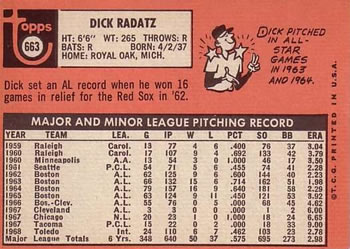 1969 Topps #663 Dick Radatz Back