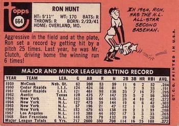 1969 Topps #664 Ron Hunt Back