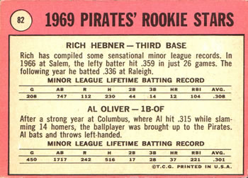1969 Topps #82 Pirates 1969 Rookie Stars (Rich Hebner / Al Oliver) Back