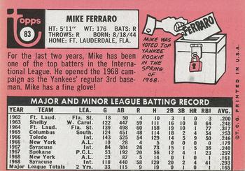 1969 Topps #83 Mike Ferraro Back