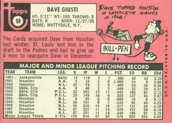 1969 Topps #98 Dave Giusti Back