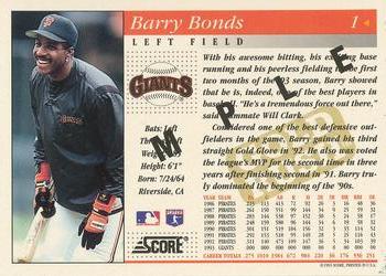 1994 Score - Samples #1 Barry Bonds Back