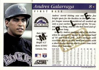 1994 Score - Samples #8 Andres Galarraga Back