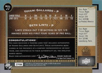2012 SP Signature Edition - Dual Signatures #MIL13 Yovani Gallardo / Seth Lintz Back