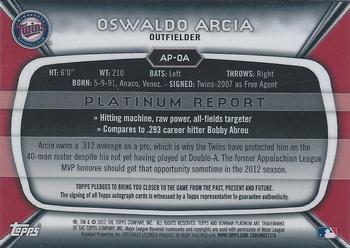 2012 Bowman Platinum - Prospect Autographs Blue Refractors #AP-OA Oswaldo Arcia Back