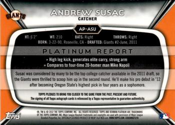 2012 Bowman Platinum - Prospect Autographs Green Refractors #AP-ASU Andrew Susac Back