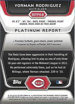 2012 Bowman Platinum - Prospects Purple Refractors #BPP68 Yorman Rodriguez Back