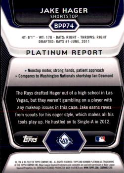 2012 Bowman Platinum - Prospects Purple Refractors #BPP74 Jake Hager Back