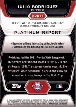 2012 Bowman Platinum - Prospects Purple Refractors #BPP77 Julio Rodriguez Back