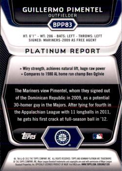 2012 Bowman Platinum - Prospects Purple Refractors #BPP83 Guillermo Pimentel Back