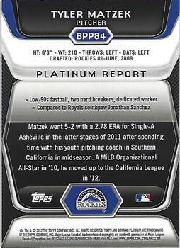2012 Bowman Platinum - Prospects Refractors #BPP84 Tyler Matzek Back