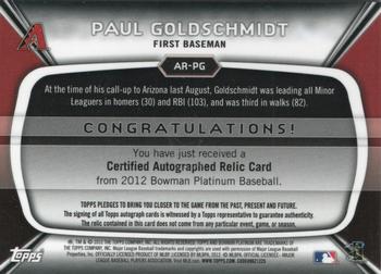 2012 Bowman Platinum - Relic Autographs #AR-PG Paul Goldschmidt Back