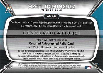 2012 Bowman Platinum - Relic Autographs Blue Refractors #AR-MD Matt Dominguez Back
