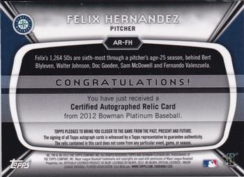 2012 Bowman Platinum - Relic Autographs Gold Refractors #AR-FH Felix Hernandez Back