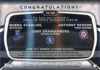 2012 Bowman Platinum - Triple Autographs #TA-SRS Bubba Starling / Anthony Rendon / Cory Spangenberg Back