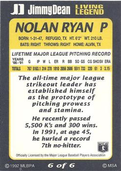 1992 Jimmy Dean Living Legends #6 Nolan Ryan Back