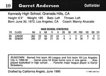 1990 Little Sun High School Prospects #19 Garret Anderson Back