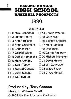 1990 Little Sun High School Prospects #1 Checklist Back