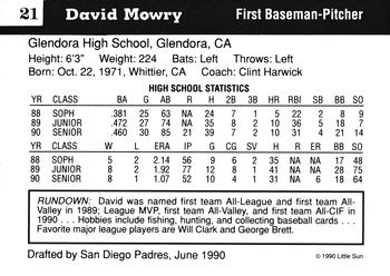 1990 Little Sun High School Prospects #21 David Mowry Back