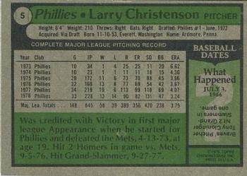 1979 Topps Burger King Philadelphia Phillies #5 Larry Christenson Back