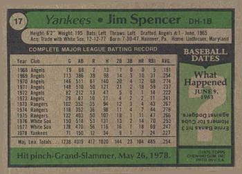 1979 Topps Burger King New York Yankees #17 Jim Spencer Back