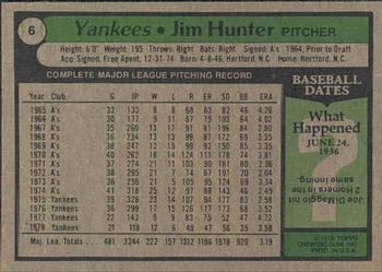 1979 Topps Burger King New York Yankees #6 Jim Hunter Back