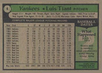 1979 Topps Burger King New York Yankees #8 Luis Tiant Back
