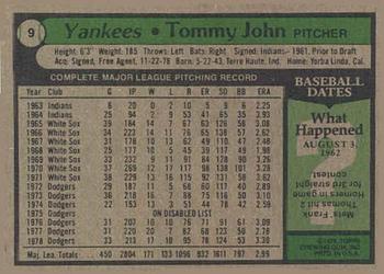 1979 Topps Burger King New York Yankees #9 Tommy John Back