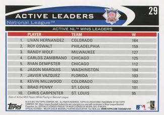 2012 Topps Mini #29 Active NL Wins Leaders (Livan Hernandez / Roy Oswalt / Randy Wolf) Back