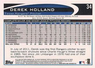 2012 Topps Mini #34 Derek Holland Back