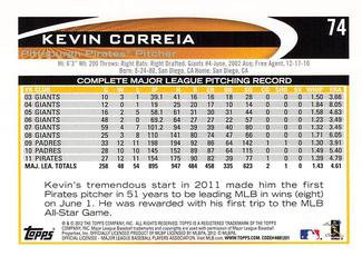 2012 Topps Mini #74 Kevin Correia Back