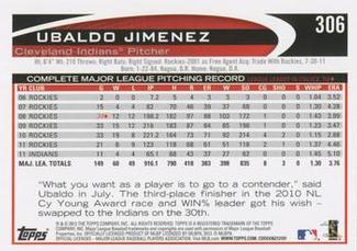 2012 Topps Mini #306 Ubaldo Jimenez Back