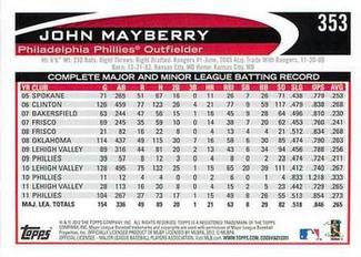 2012 Topps Mini #353 John Mayberry Jr. Back