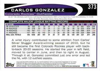 2012 Topps Mini #373 Carlos Gonzalez Back