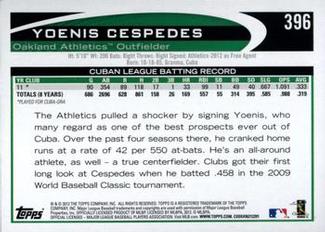 2012 Topps Mini #396 Yoenis Cespedes Back