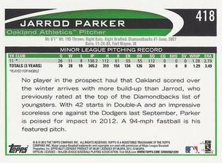 2012 Topps Mini #418 Jarrod Parker Back