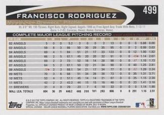 2012 Topps Mini #499 Francisco Rodriguez Back