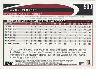 2012 Topps Mini #560 J.A. Happ Back