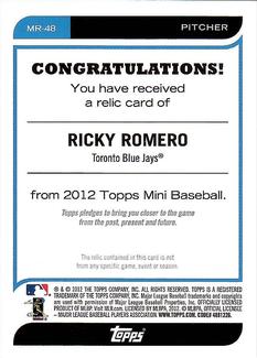 2012 Topps Mini - Relics #MR-48 Ricky Romero Back