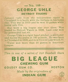 1933 Goudey (R319) #100 George Uhle Back