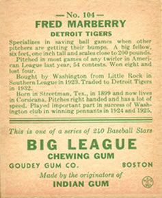 1933 Goudey (R319) #104 Fred Marberry Back