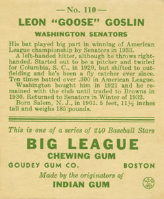 1933 Goudey (R319) #110 Goose Goslin Back