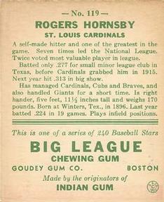 1933 Goudey (R319) #119 Rogers Hornsby Back